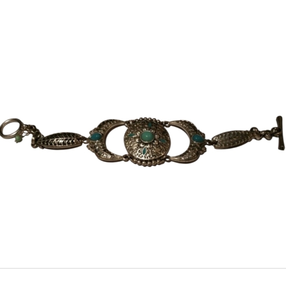 Lucky Brand" Boho Silvertone Turquoise Bracelet 7.625"L Toggle Closure NWOT